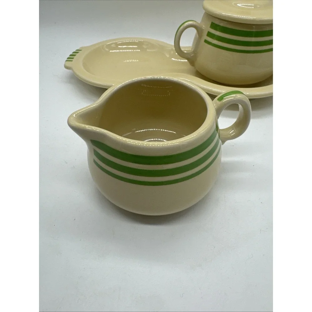 Fiesta Ware HLCCA  Covered Sugar Bowl & Creamer Figure 8 Tray Green Stripe